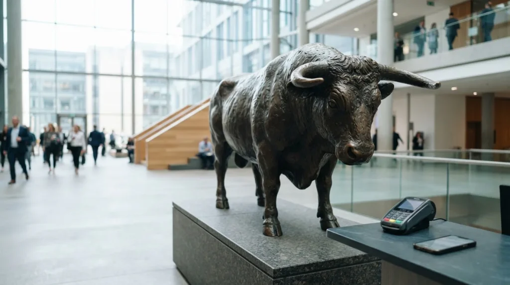 Bronze ox sculpture on a granite plinth, with a card terminal and smartphone on a slate cashier counter
