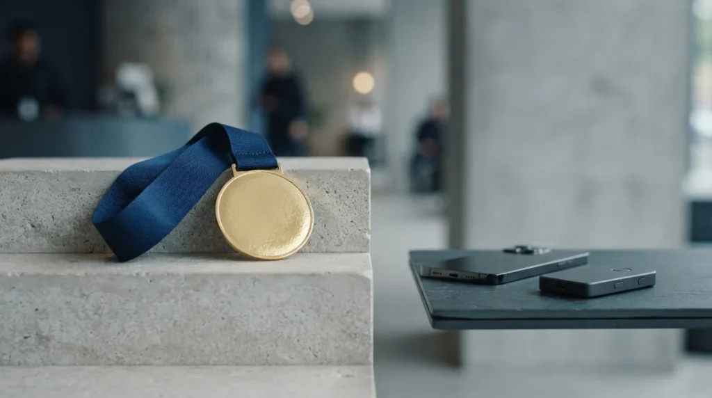 Gold medal on a blue ribbon over a stone podium, with a smartphone and hardware wallet on a counter
