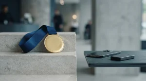 Gold medal on a blue ribbon over a stone podium, with a smartphone and hardware wallet on a counter