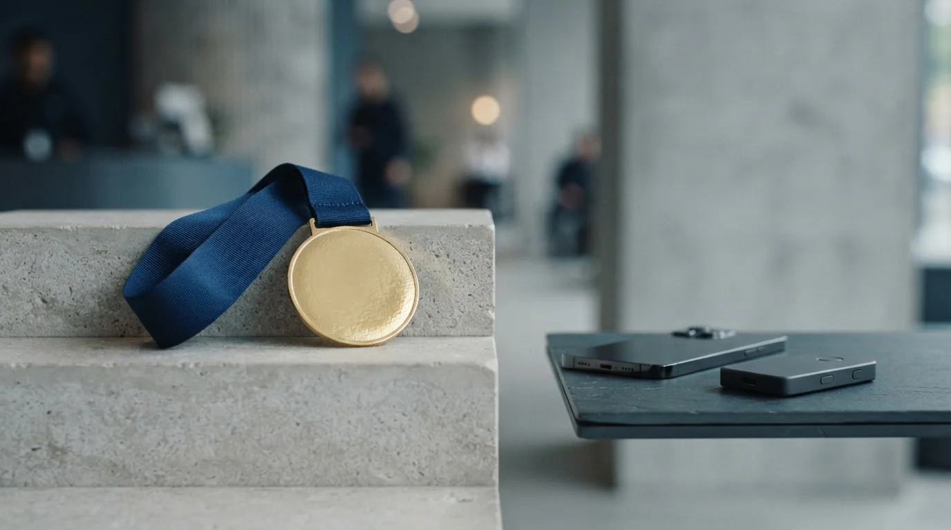 Gold medal on a blue ribbon over a stone podium, with a smartphone and hardware wallet on a counter