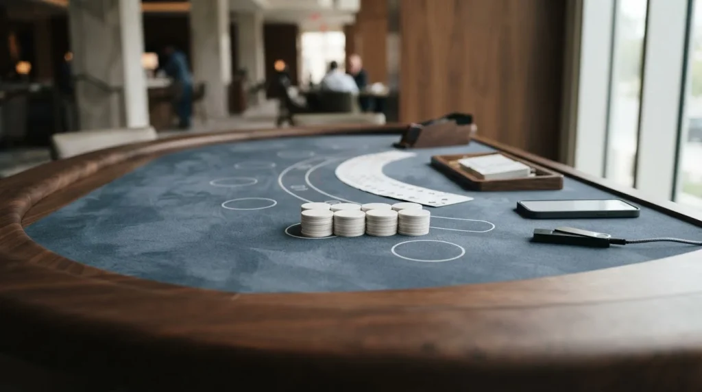Blackjack cards and casino chips arranged on a dark table with a smartphone and hardware wallet in soft daylight