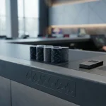 A tidy digital casino cashier counter with gaming chips in focus and a small hardware wallet nearby in cool daylight
