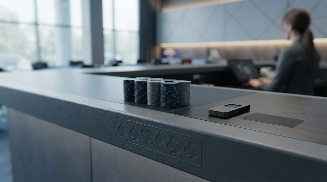 A tidy digital casino cashier counter with gaming chips in focus and a small hardware wallet nearby in cool daylight