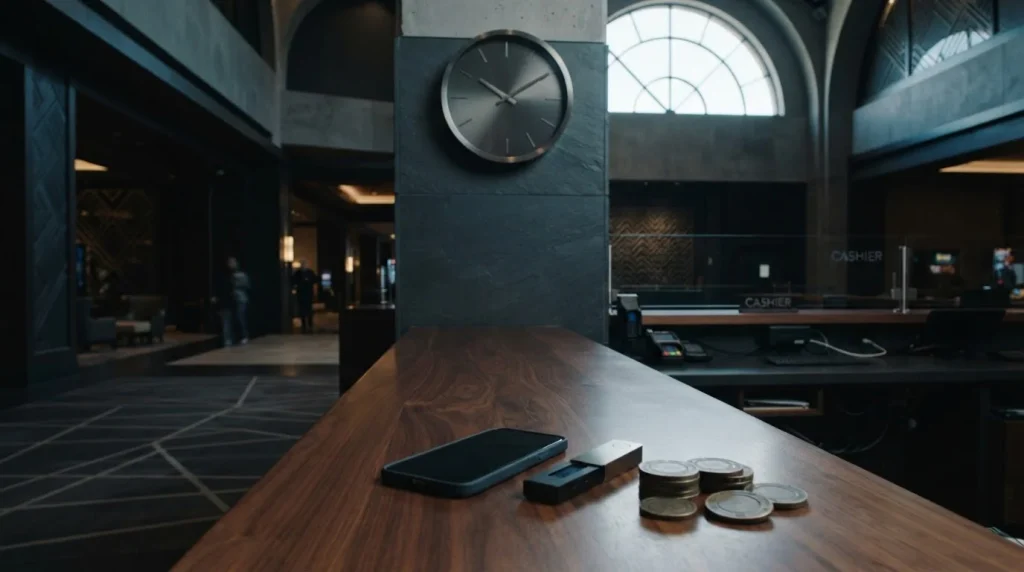 An elegant unmarked twenty-four-hour wall clock above a quiet casino counter, with a phone and coins nearby