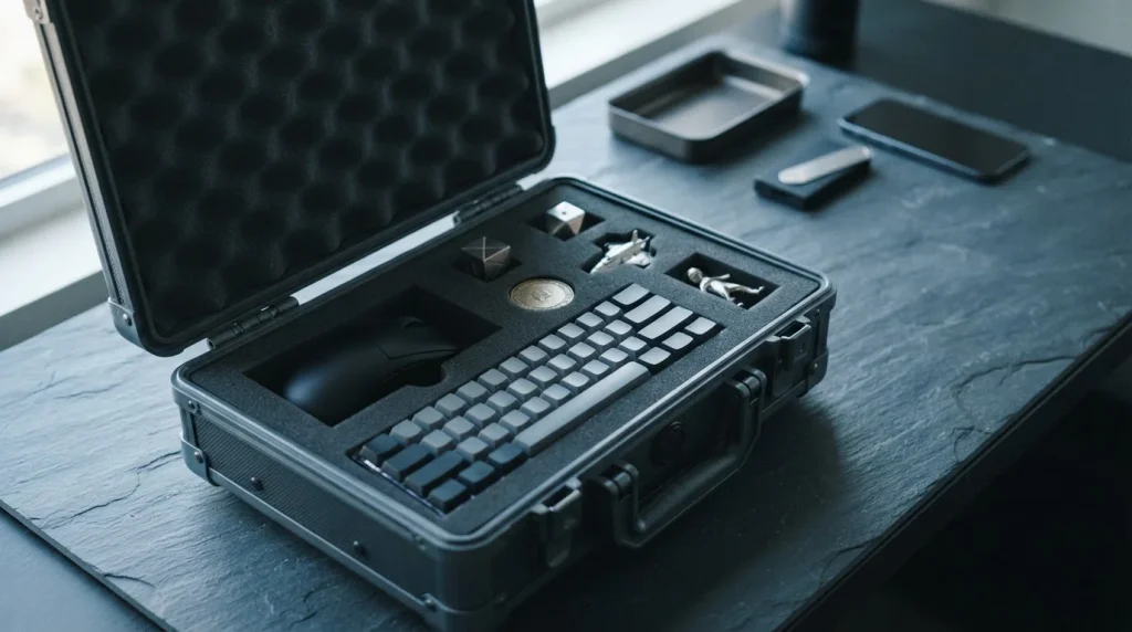 Open hard-shell case with gaming peripherals in foam cutouts, with a hardware wallet and smartphone beside a cashier tray
