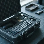 Open hard-shell case with gaming peripherals in foam cutouts, with a hardware wallet and smartphone beside a cashier tray