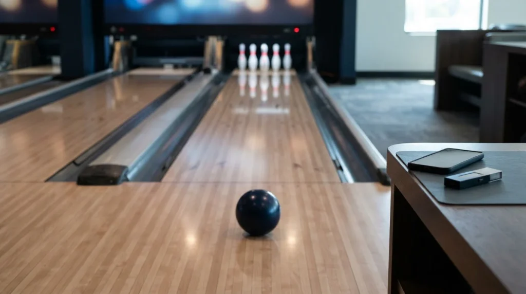 Five-pin bowling lane with slim pins and a small ball, with a smartphone and hardware wallet on a side desk