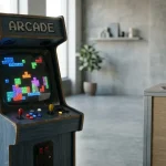 Retro pixel arcade cabinet in a daylight studio with a hardware wallet and loose coins on a nearby counter
