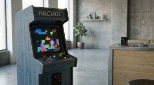 Retro pixel arcade cabinet in a daylight studio with a hardware wallet and loose coins on a nearby counter