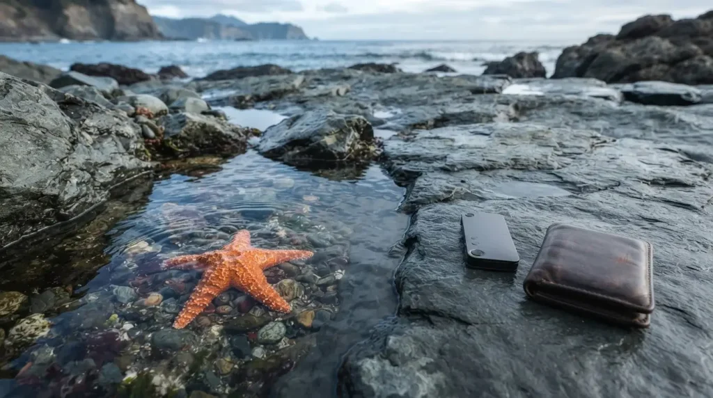 Orange starfish in a clear rock pool, with a hardware wallet and leather card wallet on a dry rock