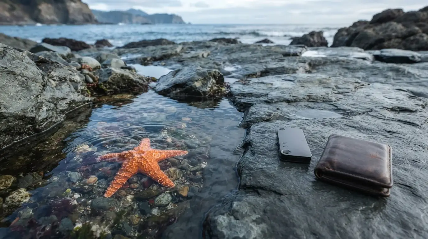 Orange starfish in a clear rock pool, with a hardware wallet and leather card wallet on a dry rock