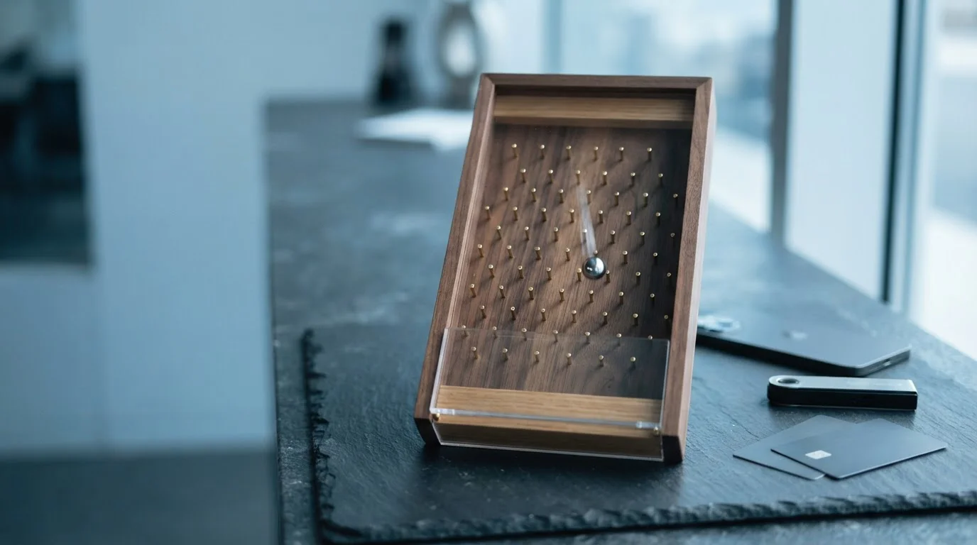A wooden Plinko board with a steel ball beside a blurred phone and payment cards on a slate counter