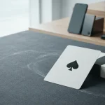 An unmarked ace-themed playing card on a slate table beside a phone and a small hardware wallet