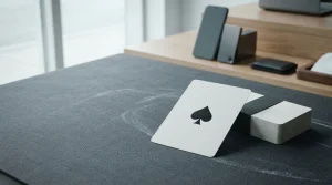 An unmarked ace-themed playing card on a slate table beside a phone and a small hardware wallet