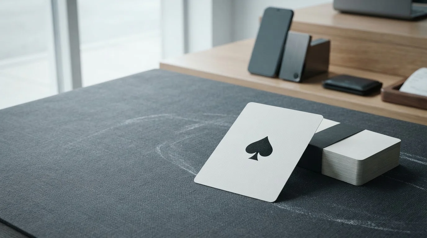 An unmarked ace-themed playing card on a slate table beside a phone and a small hardware wallet