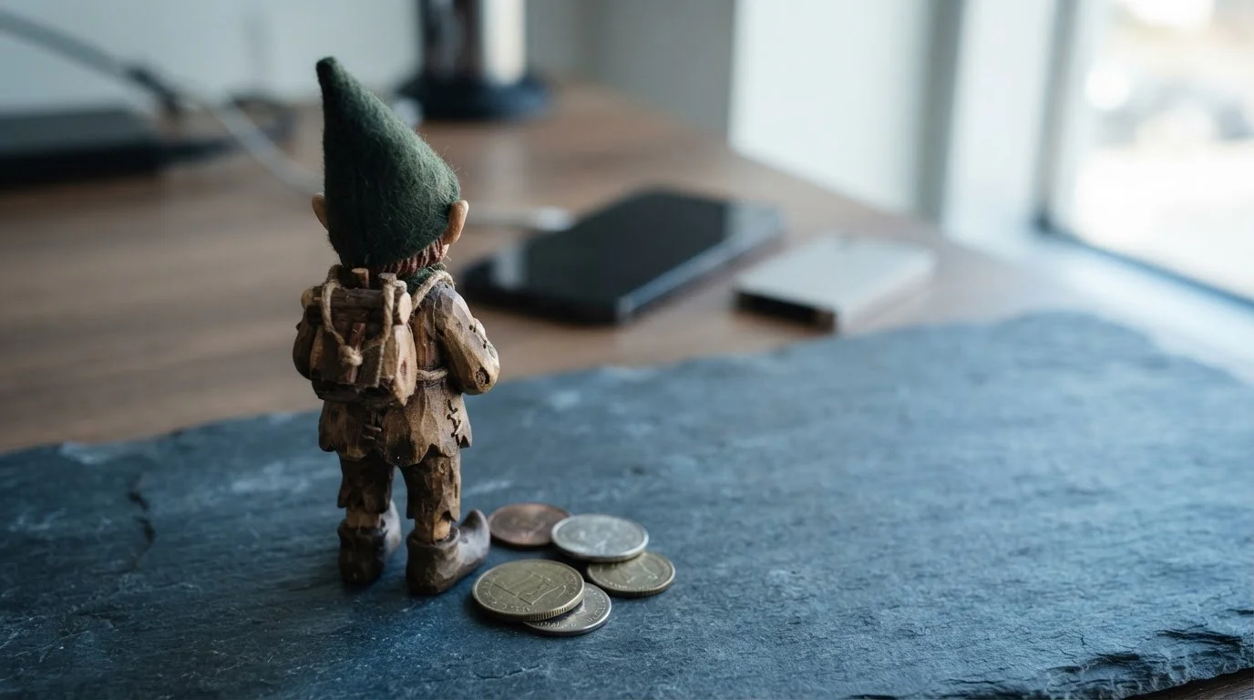 Carved woodland elf figurine seen from behind on a slate counter with a phone and metal coins nearby