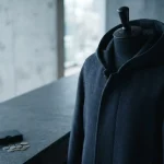 An unmarked hooded coat on a studio mannequin beside a small hardware wallet on a slate counter in cool daylight