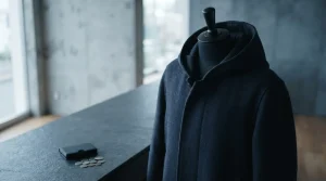 An unmarked hooded coat on a studio mannequin beside a small hardware wallet on a slate counter in cool daylight