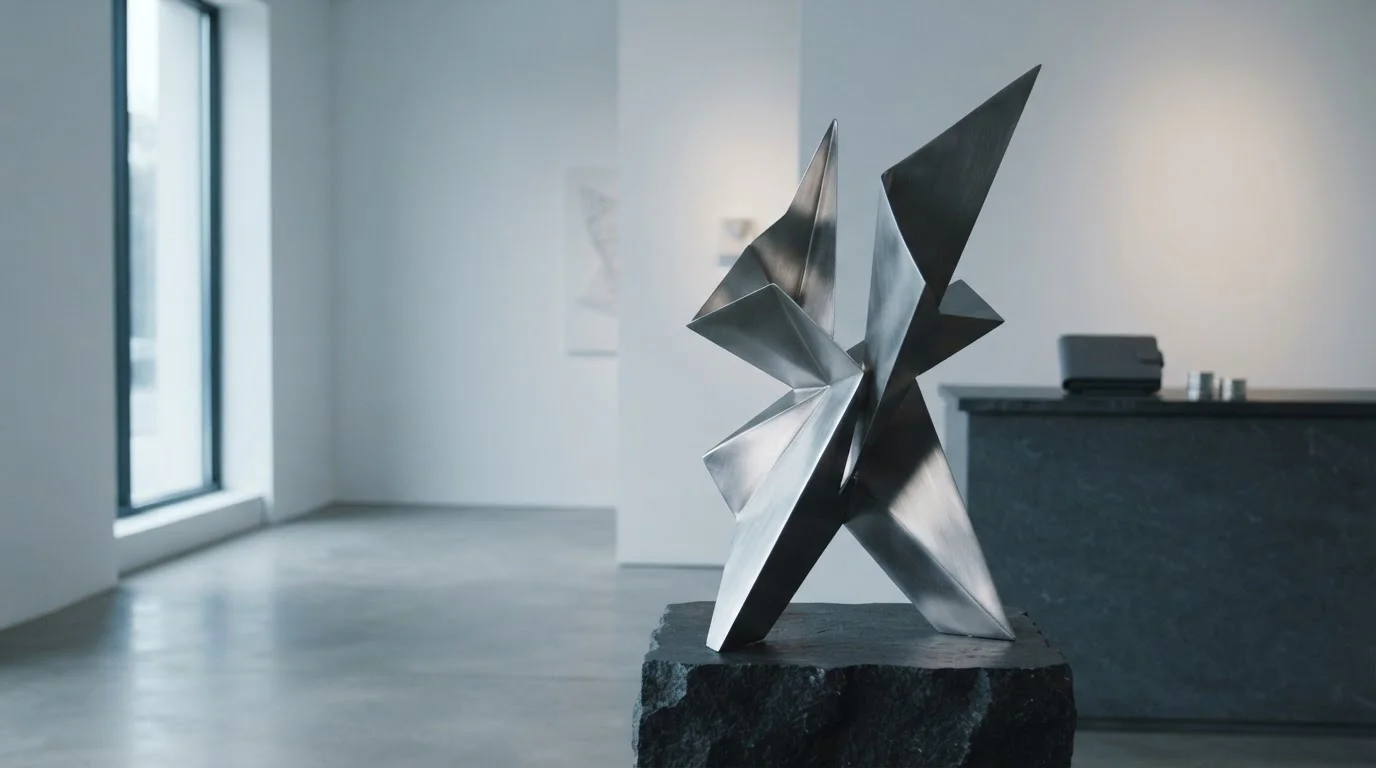 A sculptural metal installation in a daylight gallery with a discreet hardware wallet on a slate side table