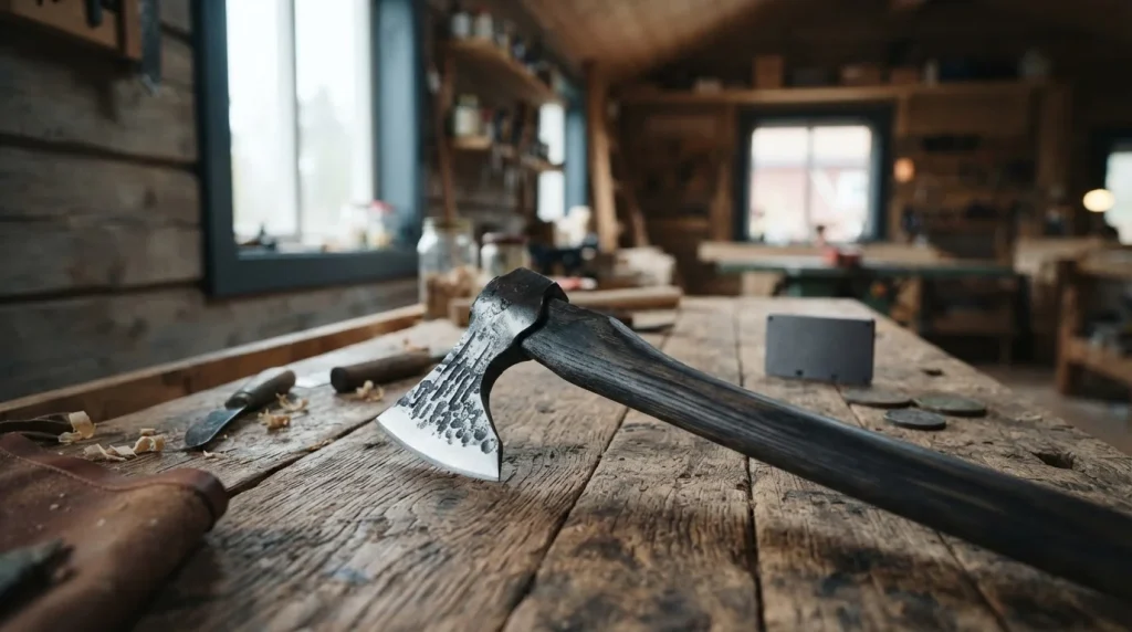 A weathered Norse-style axe resting on an oak bench, with a hardware wallet and loose coins in the background