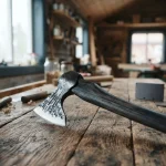 A weathered Norse-style axe resting on an oak bench, with a hardware wallet and loose coins in the background
