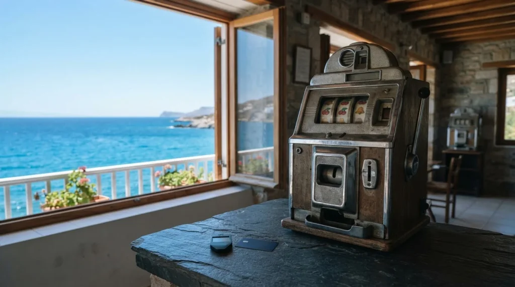 A classic unbranded slot machine in a sunlit azure coastal arcade, with a small hardware wallet on a nearby counter