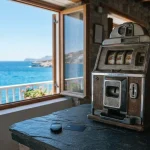 A classic unbranded slot machine in a sunlit azure coastal arcade, with a small hardware wallet on a nearby counter