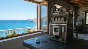 A classic unbranded slot machine in a sunlit azure coastal arcade, with a small hardware wallet on a nearby counter