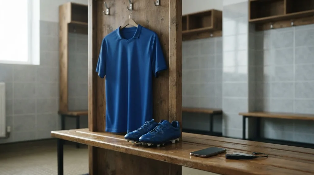 Plain blue football shirt in an empty dressing room, with a smartphone and hardware wallet on the bench