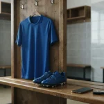 Plain blue football shirt in an empty dressing room, with a smartphone and hardware wallet on the bench