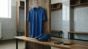 Plain blue football shirt in an empty dressing room, with a smartphone and hardware wallet on the bench
