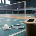 Feather shuttlecock and racket on an empty badminton court, with a smartphone and fanned payment cards on a courtside desk