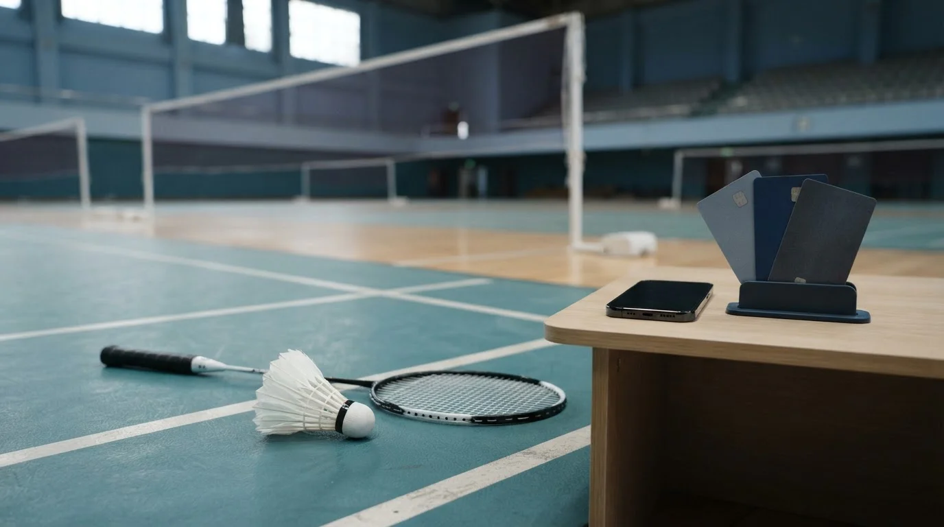 Feather shuttlecock and racket on an empty badminton court, with a smartphone and fanned payment cards on a courtside desk