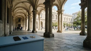 Sunlit civic arcade with stone columns, a muted blue payment card and a phone resting on a nearby counter