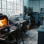 Orange flames rising from a metal forge in a cool slate workshop, with a hardware wallet beside a payment counter