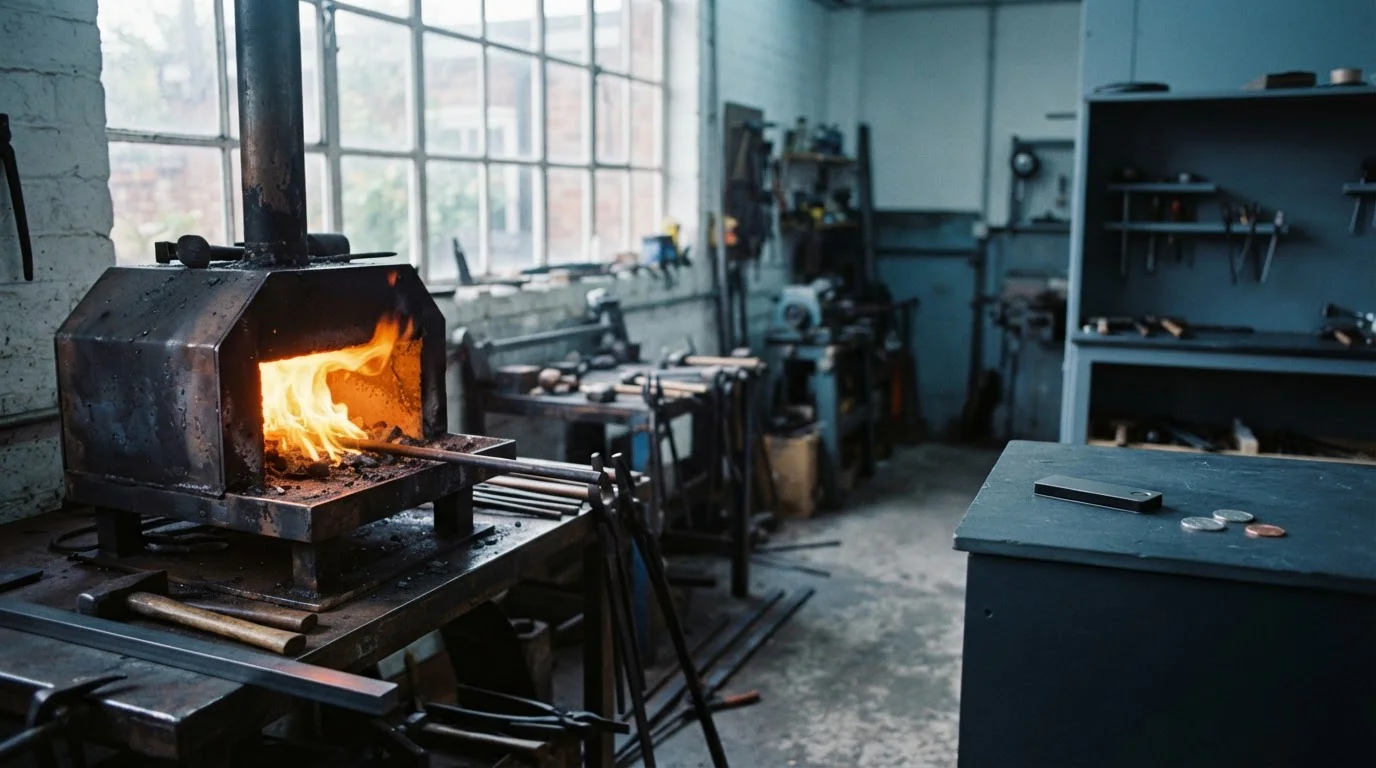 Orange flames rising from a metal forge in a cool slate workshop, with a hardware wallet beside a payment counter