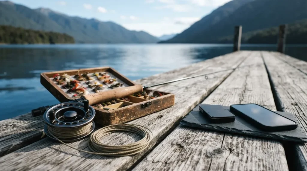 Fly-fishing reel and tackle box on a lakeside jetty, with a hardware wallet and smartphone on a slate cashier tray