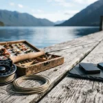 Fly-fishing reel and tackle box on a lakeside jetty, with a hardware wallet and smartphone on a slate cashier tray