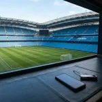 Daylit football stadium seen from an empty press box, with a phone and hardware wallet on a slate-coloured desk