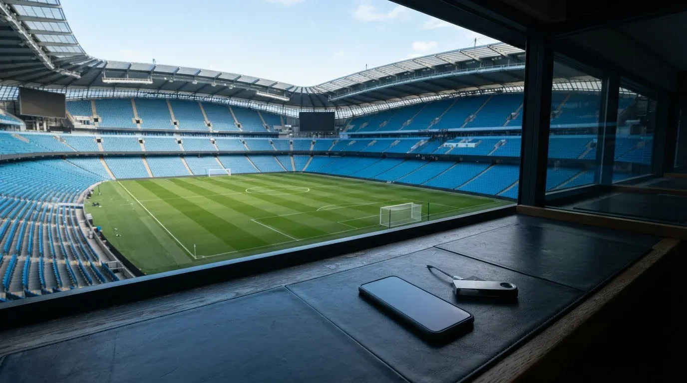 Daylit football stadium seen from an empty press box, with a phone and hardware wallet on a slate-coloured desk
