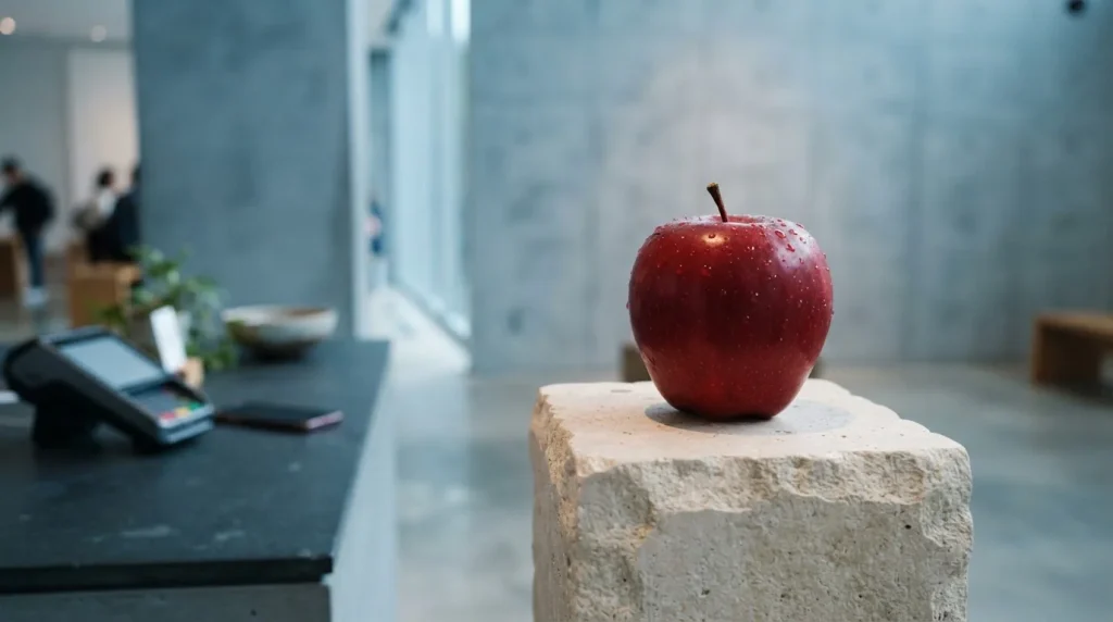 Glossy red apple on a stone gallery pedestal, with a card terminal and phone on a slate cashier counter