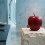 Glossy red apple on a stone gallery pedestal, with a card terminal and phone on a slate cashier counter