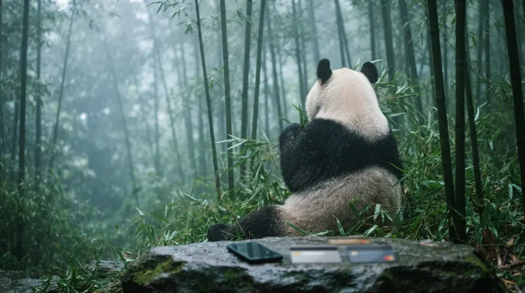 Giant panda among tall bamboo stalks in a misty grove, with a smartphone and payment cards on a boulder