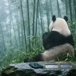 Giant panda among tall bamboo stalks in a misty grove, with a smartphone and payment cards on a boulder