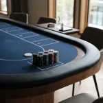 Empty poker table with a blank dealer button and plain chips, a hardware wallet and smartphone behind