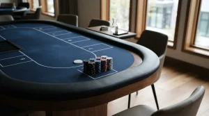 Empty poker table with a blank dealer button and plain chips, a hardware wallet and smartphone behind