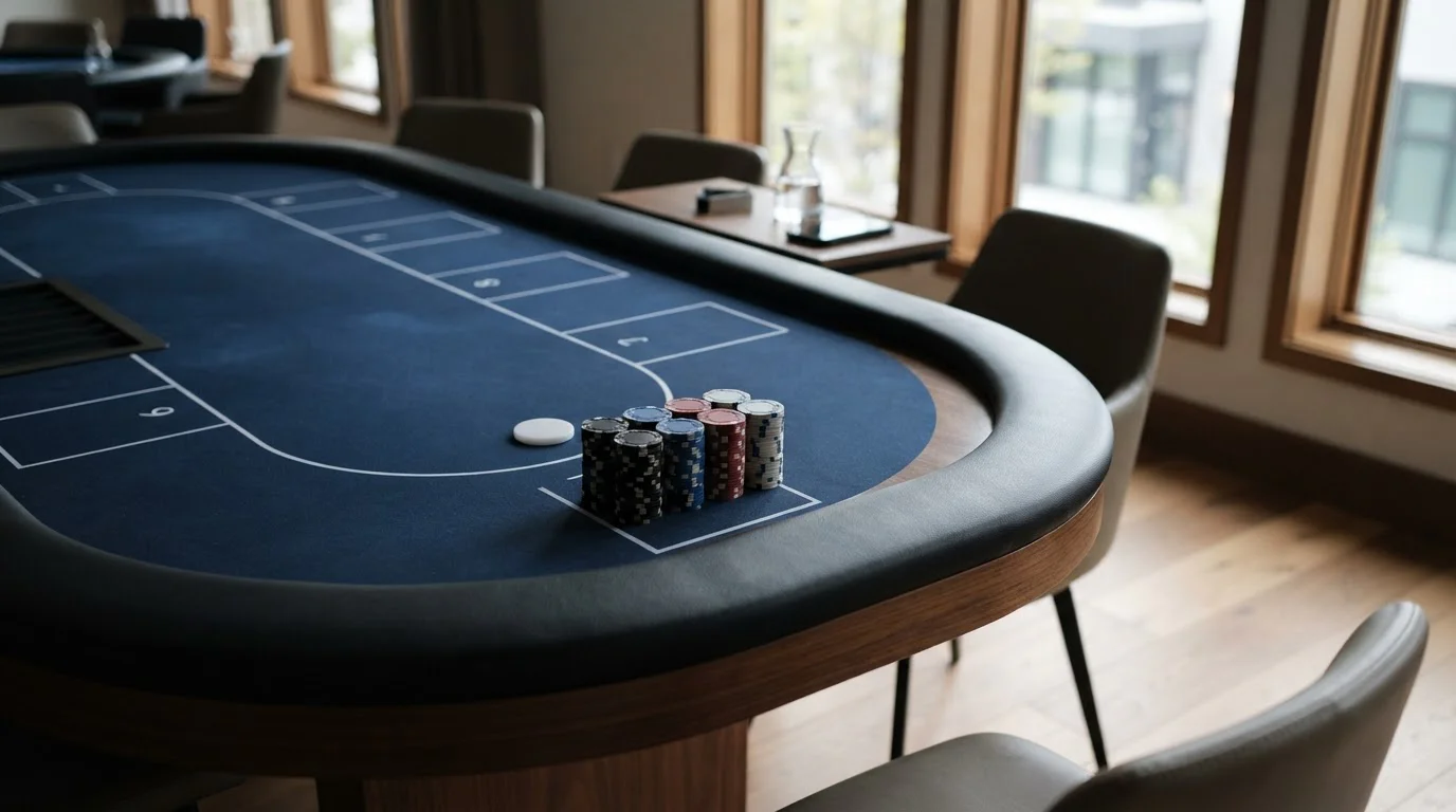 Empty poker table with a blank dealer button and plain chips, a hardware wallet and smartphone behind