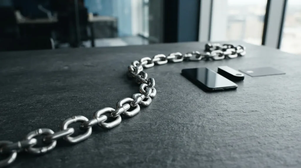 Polished steel chain curving across a slate table, with a smartphone, hardware wallet and payment card in a row