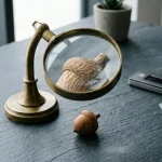 Brass magnifying glass enlarging a tiny carved acorn, with a hardware wallet and payment cards behind