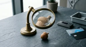 Brass magnifying glass enlarging a tiny carved acorn, with a hardware wallet and payment cards behind